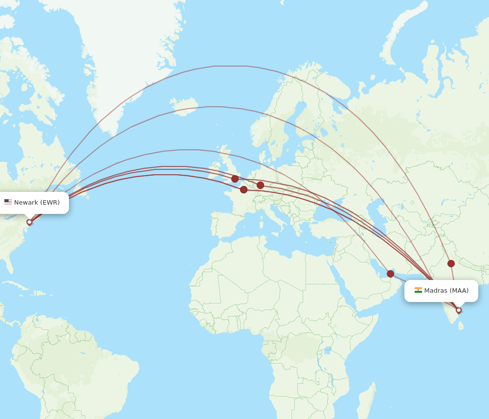 EWR-MAA flight routes