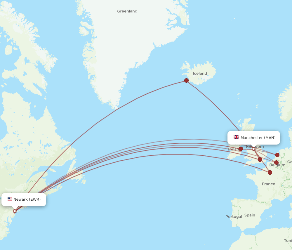 EWR to MAN flights and routes map