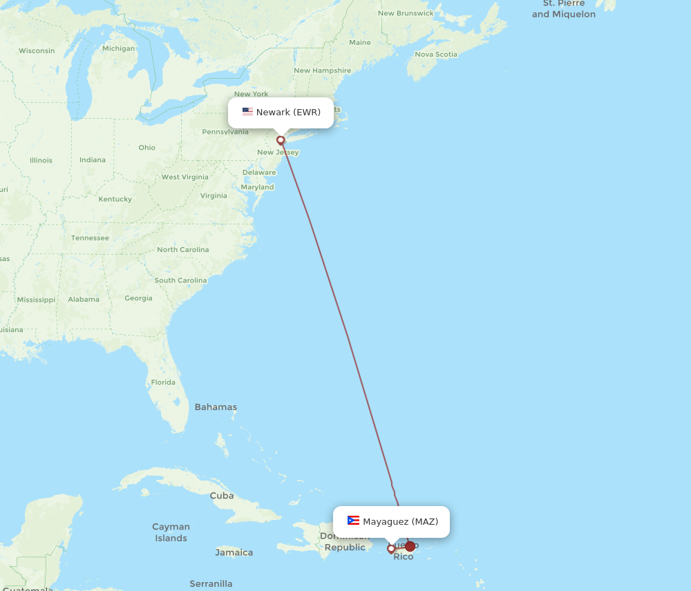 EWR to MAZ flights and routes map