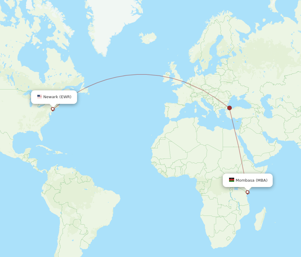Mombasa - New York route map and flight paths