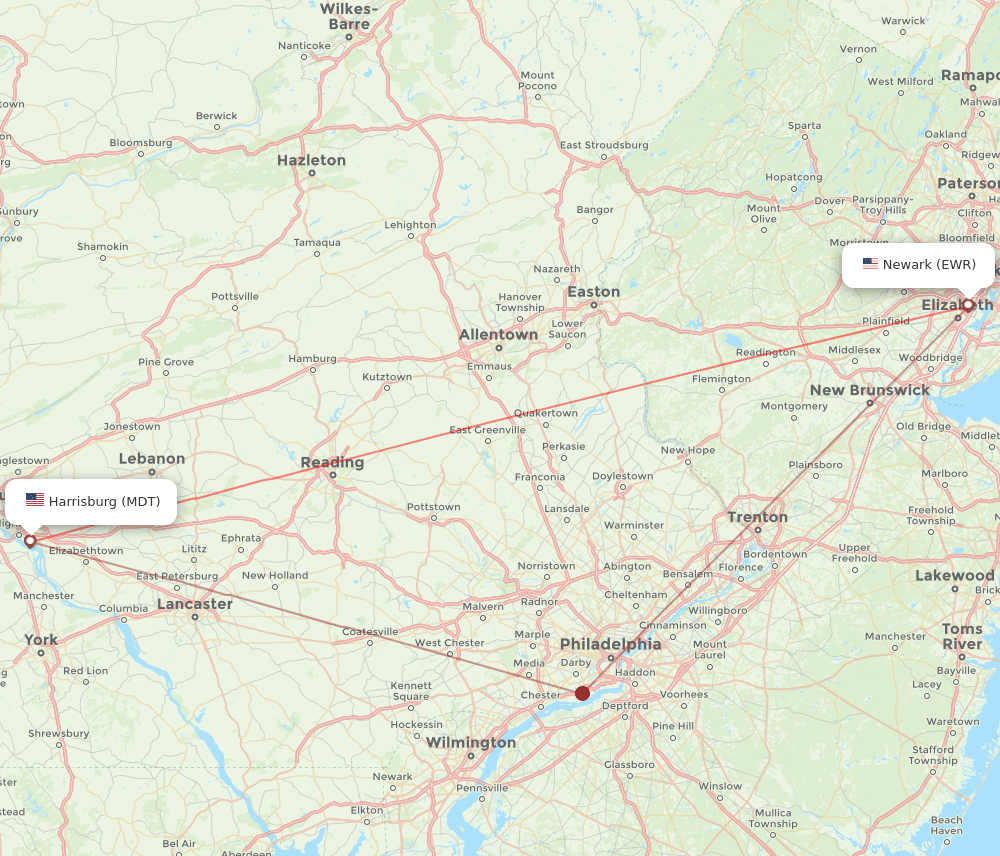 EWR to MDT flights and routes map