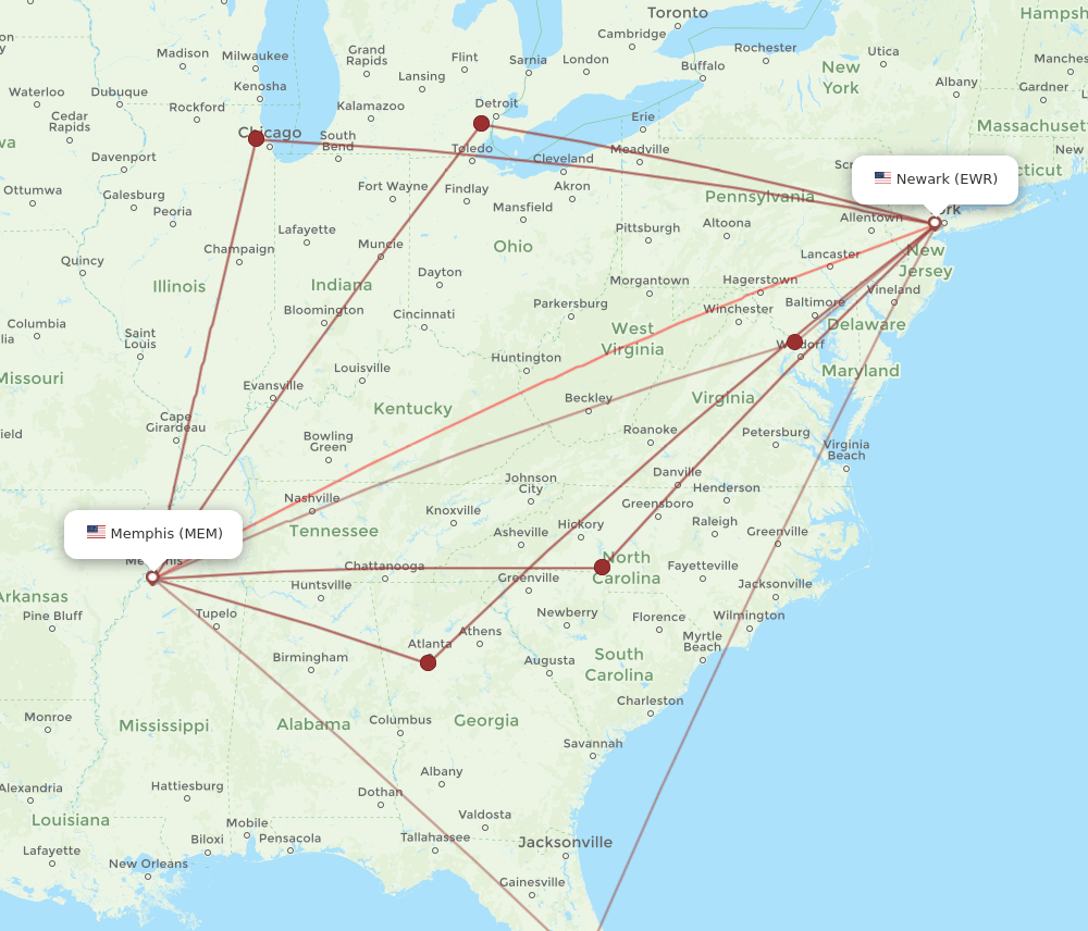 EWR-MEM flight routes