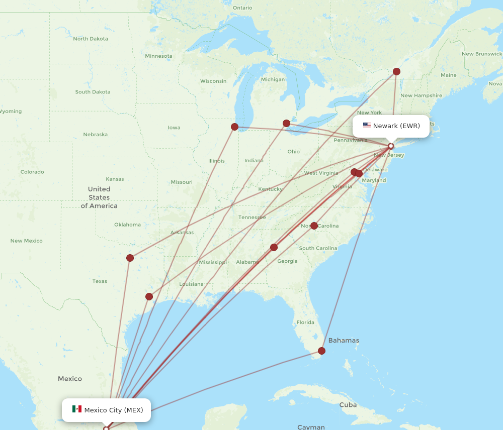 EWR to MEX flights and routes map