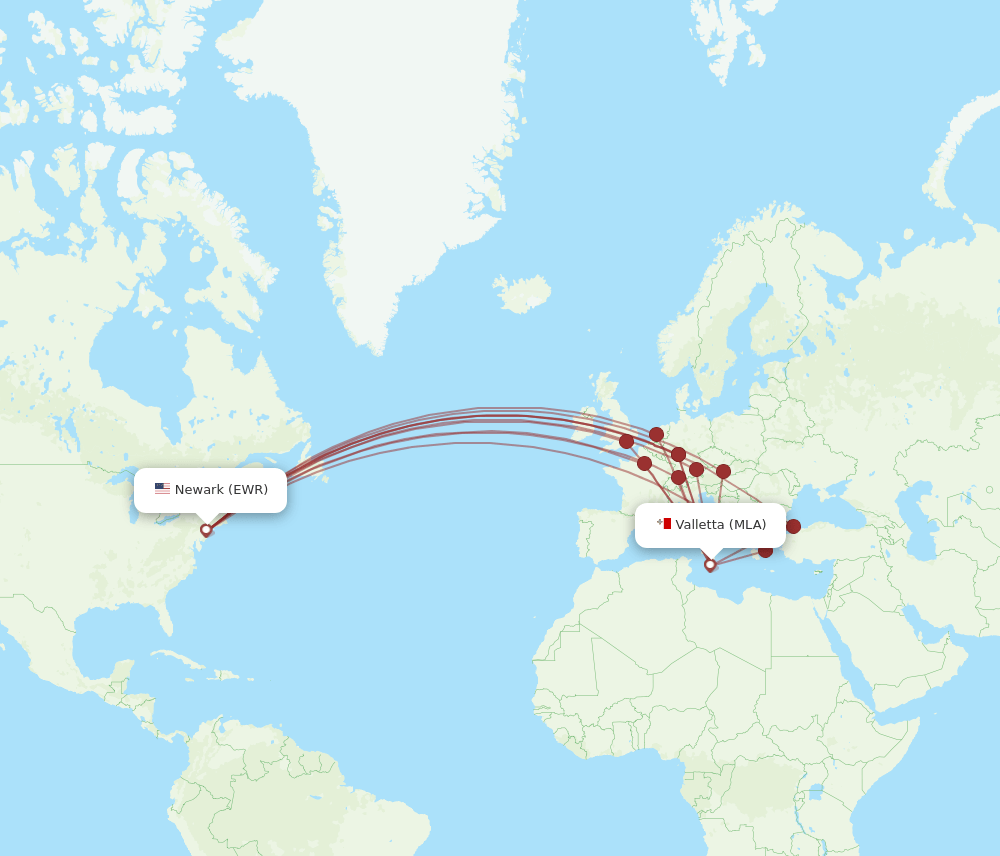 EWR-MLA flight routes
