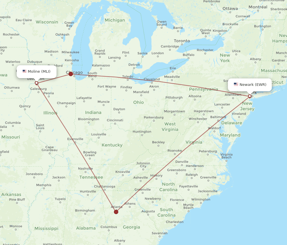 EWR to MLI flights and routes map