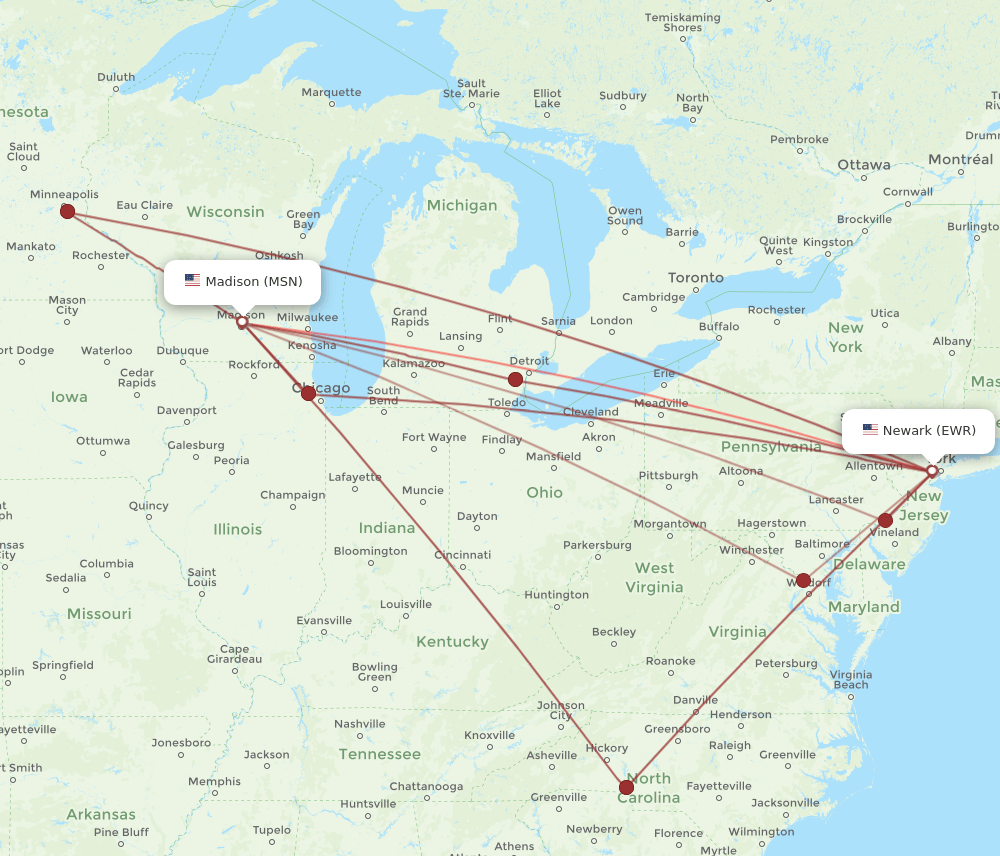 EWR to MSN flights and routes map