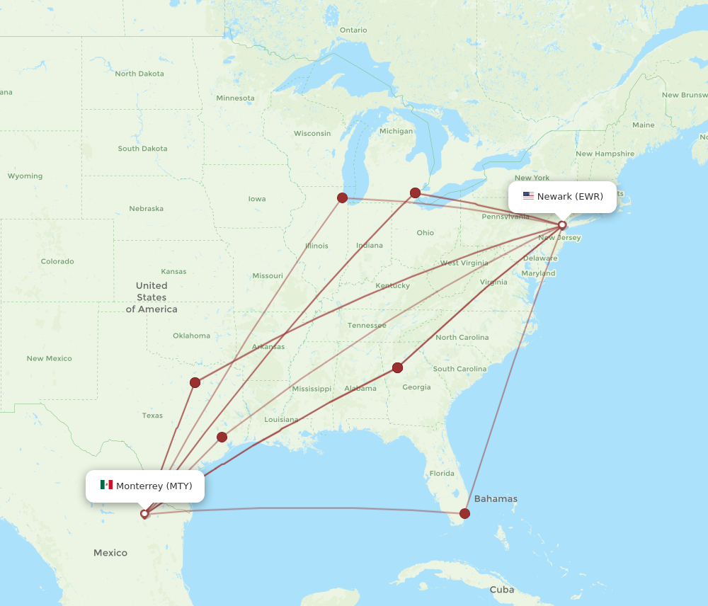 EWR to MTY flights and routes map