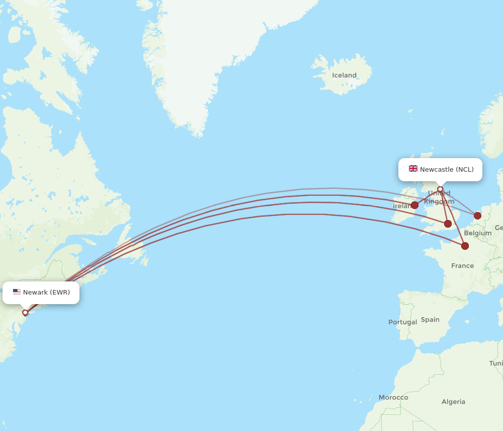 EWR to NCL flights and routes map