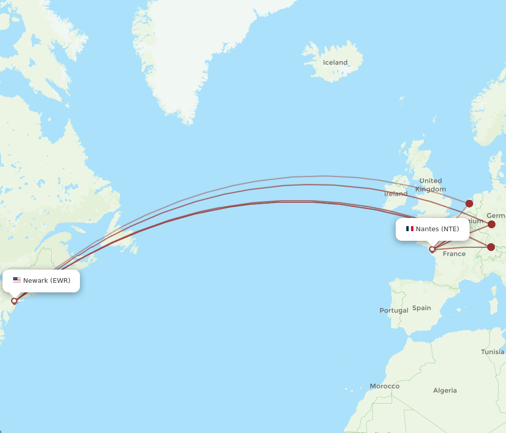 EWR to NTE flights and routes map