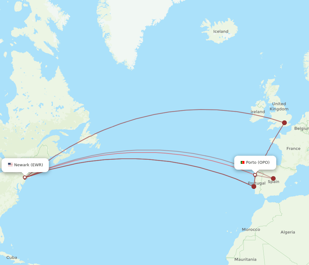 EWR to OPO flights and routes map