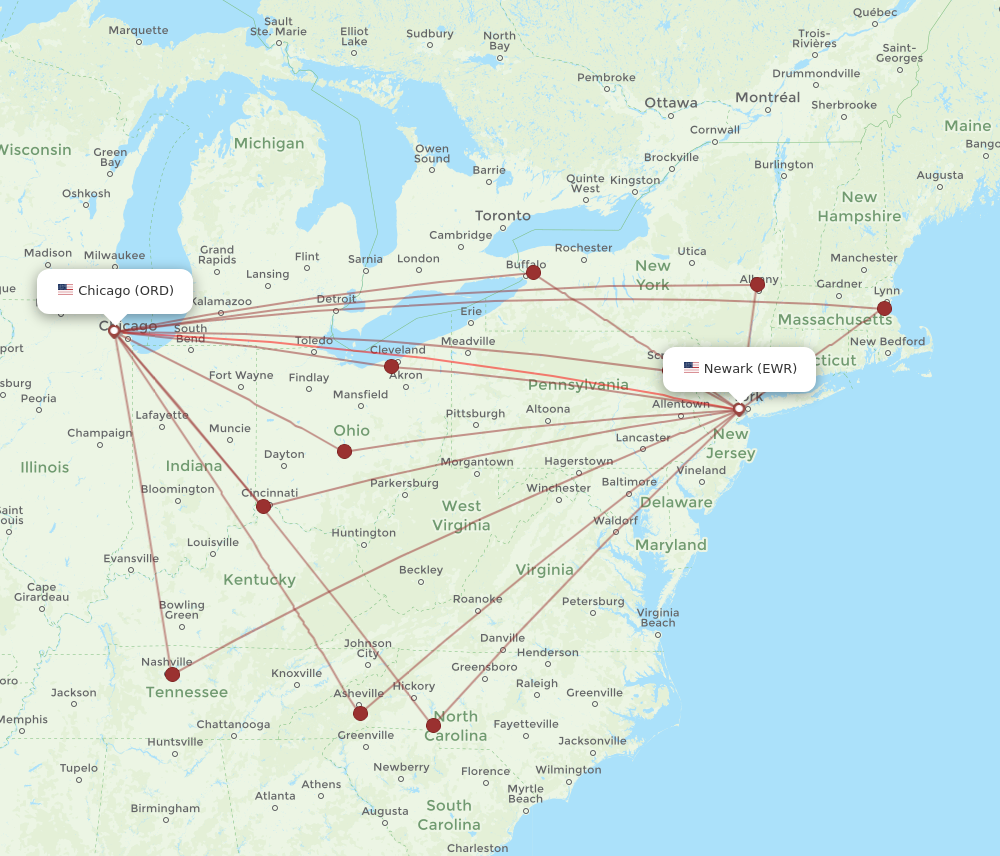 New York - Chicago route map and flight paths