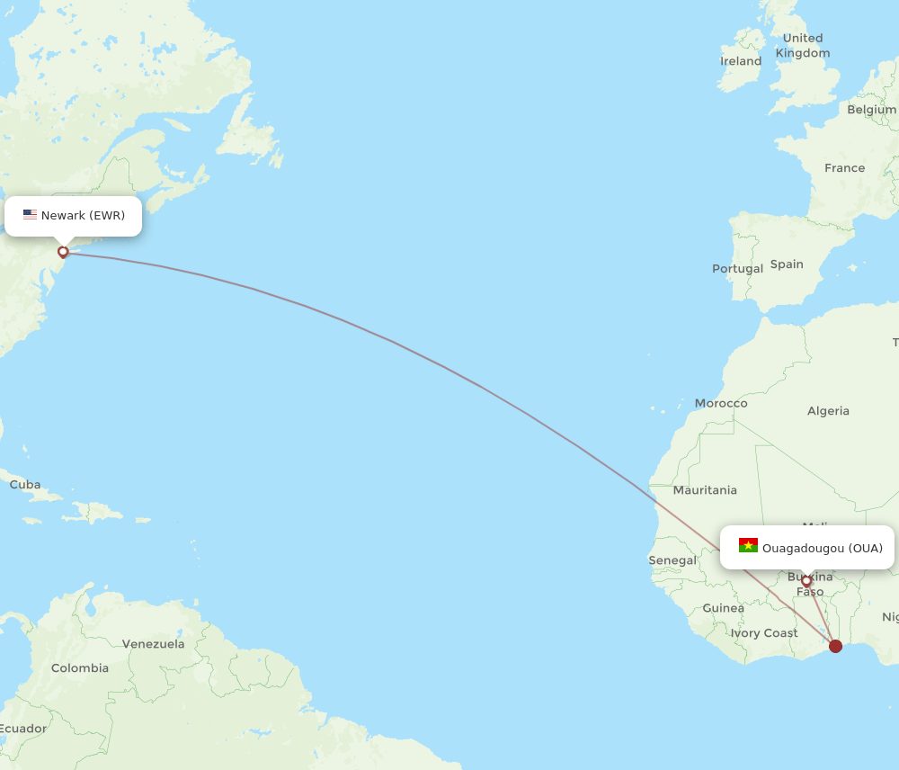 EWR to OUA flights and routes map