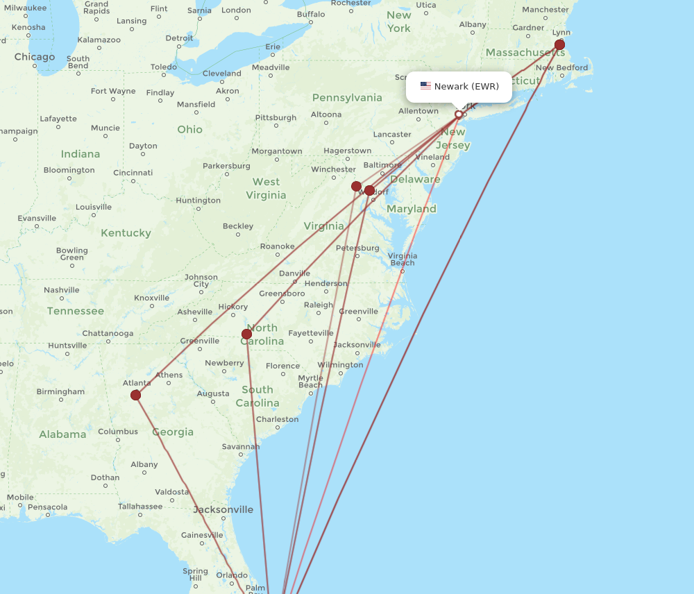 Newark - West Palm Beach route map and flight paths