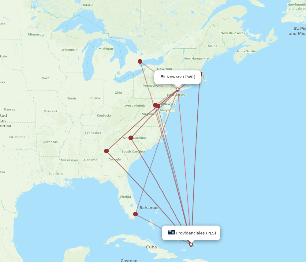 EWR to PLS flights and routes map