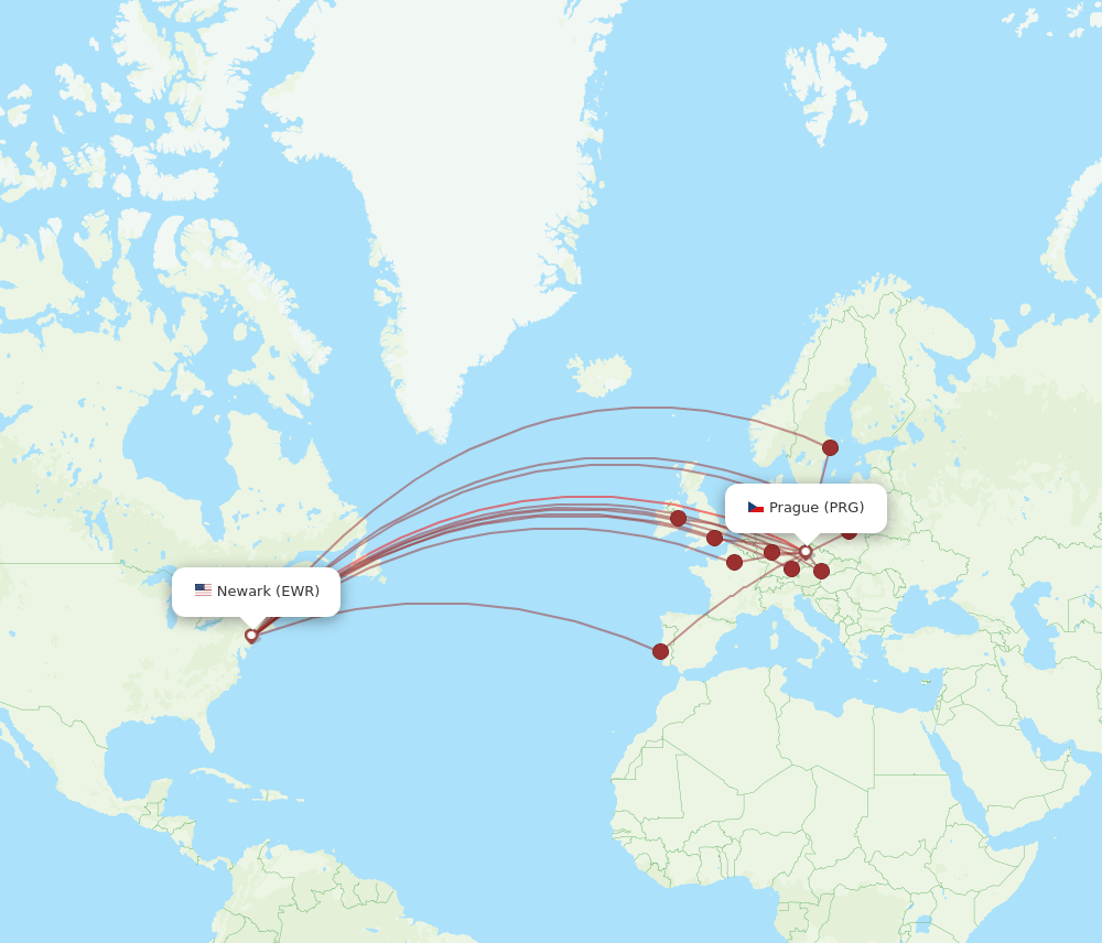EWR to PRG flights and routes map