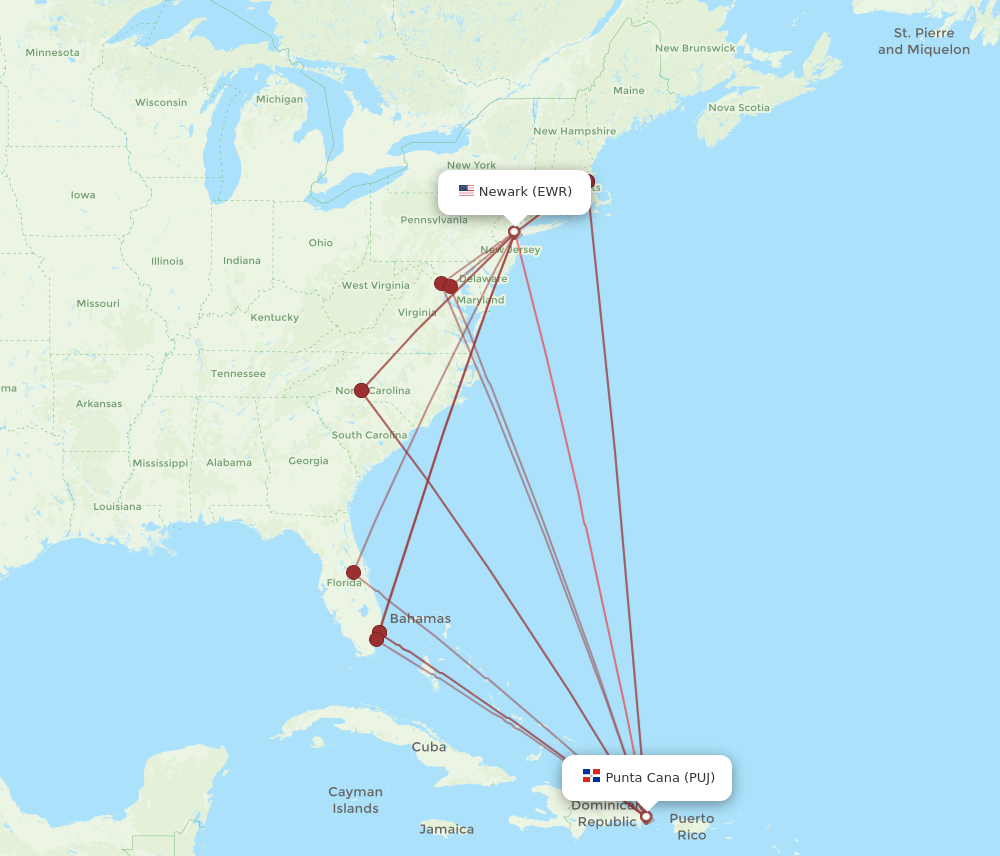 EWR to PUJ flights and routes map
