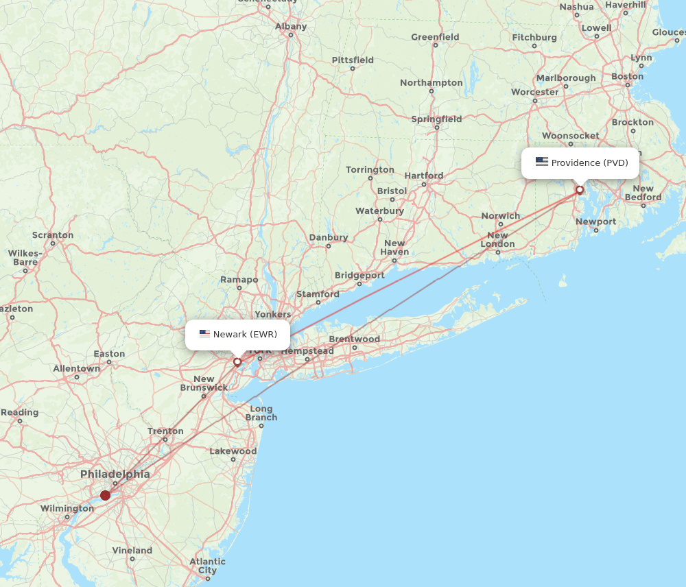 New York - Providence route map and flight paths