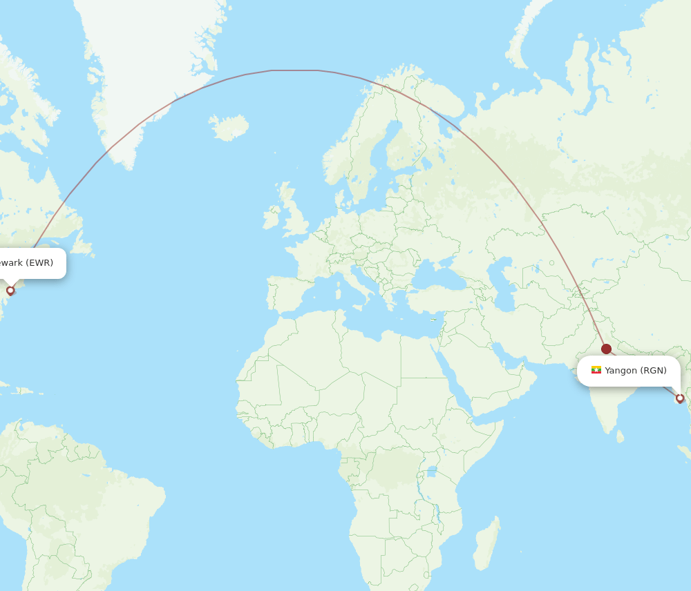 Yangon - New York route map and flight paths