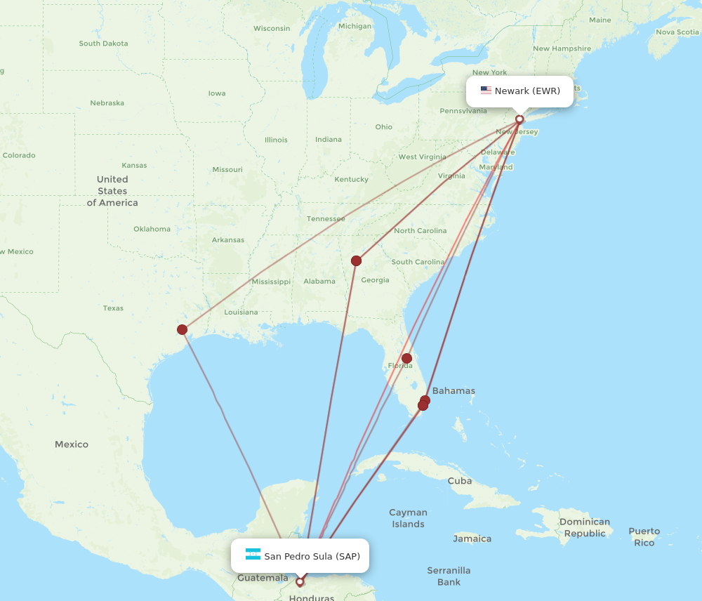 EWR to SAP flights and routes map