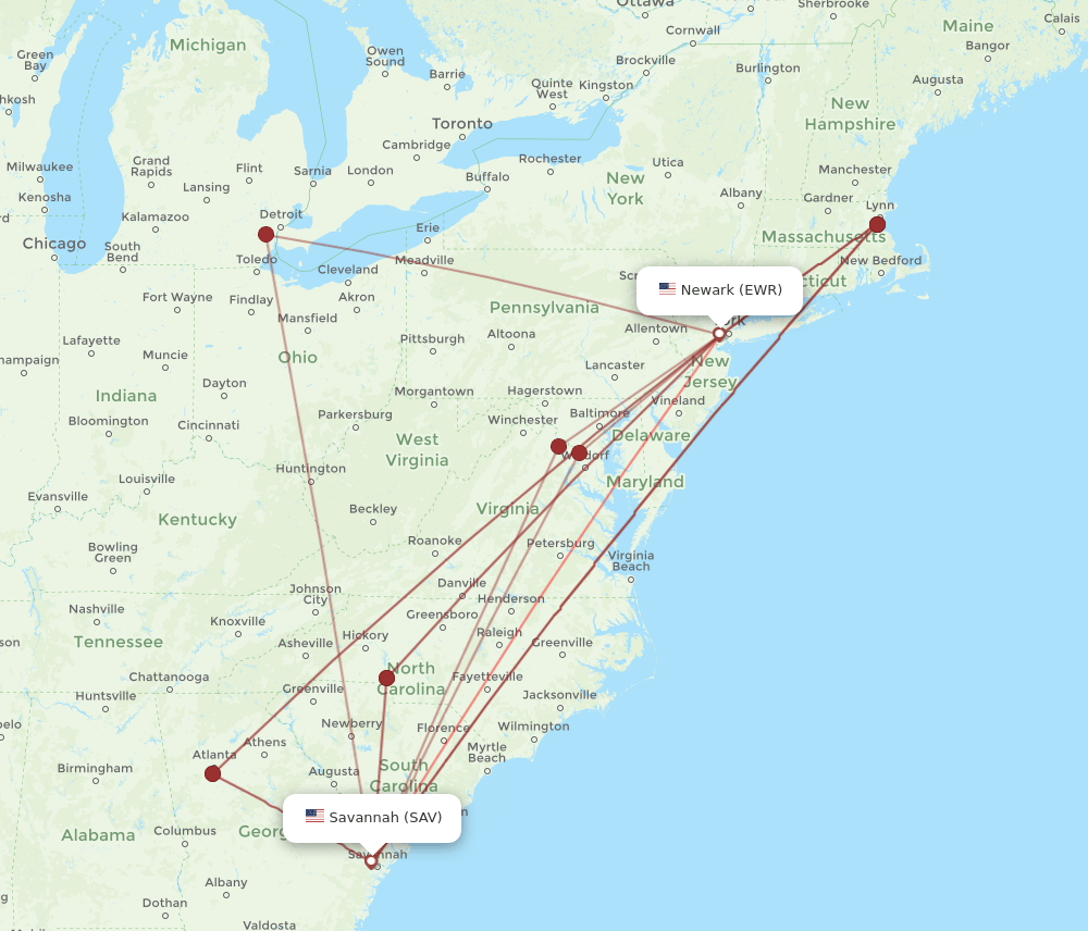 EWR-SAV flight routes