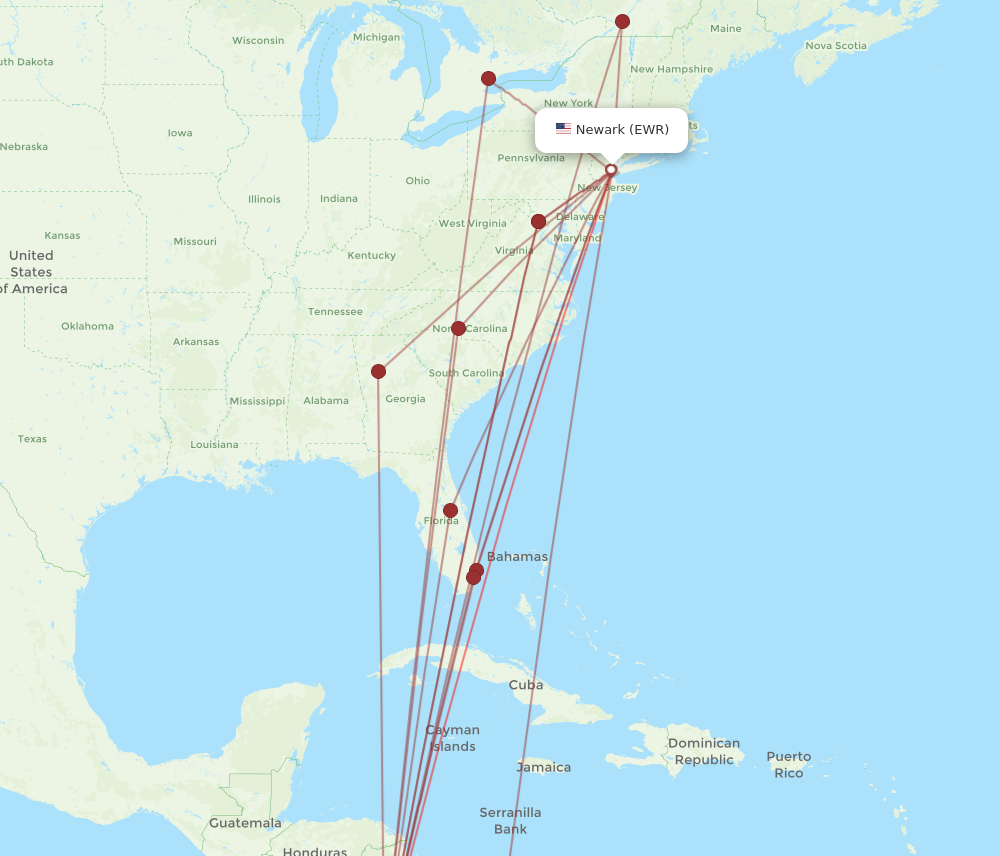 EWR to SJO flights and routes map