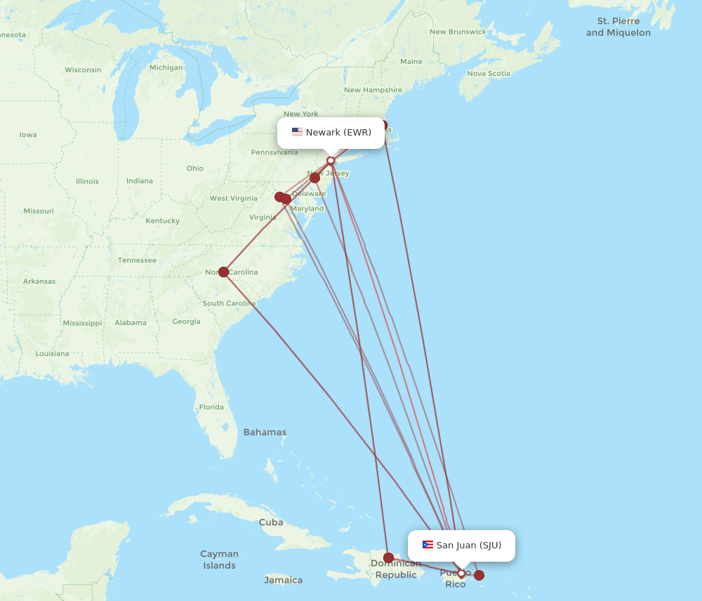 EWR to SJU flights and routes map