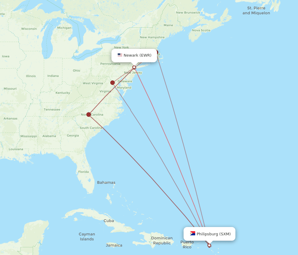 EWR to SXM flights and routes map