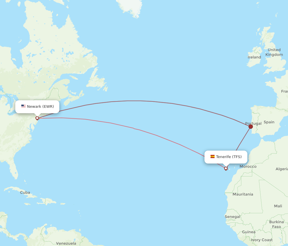 EWR to TFS flights and routes map