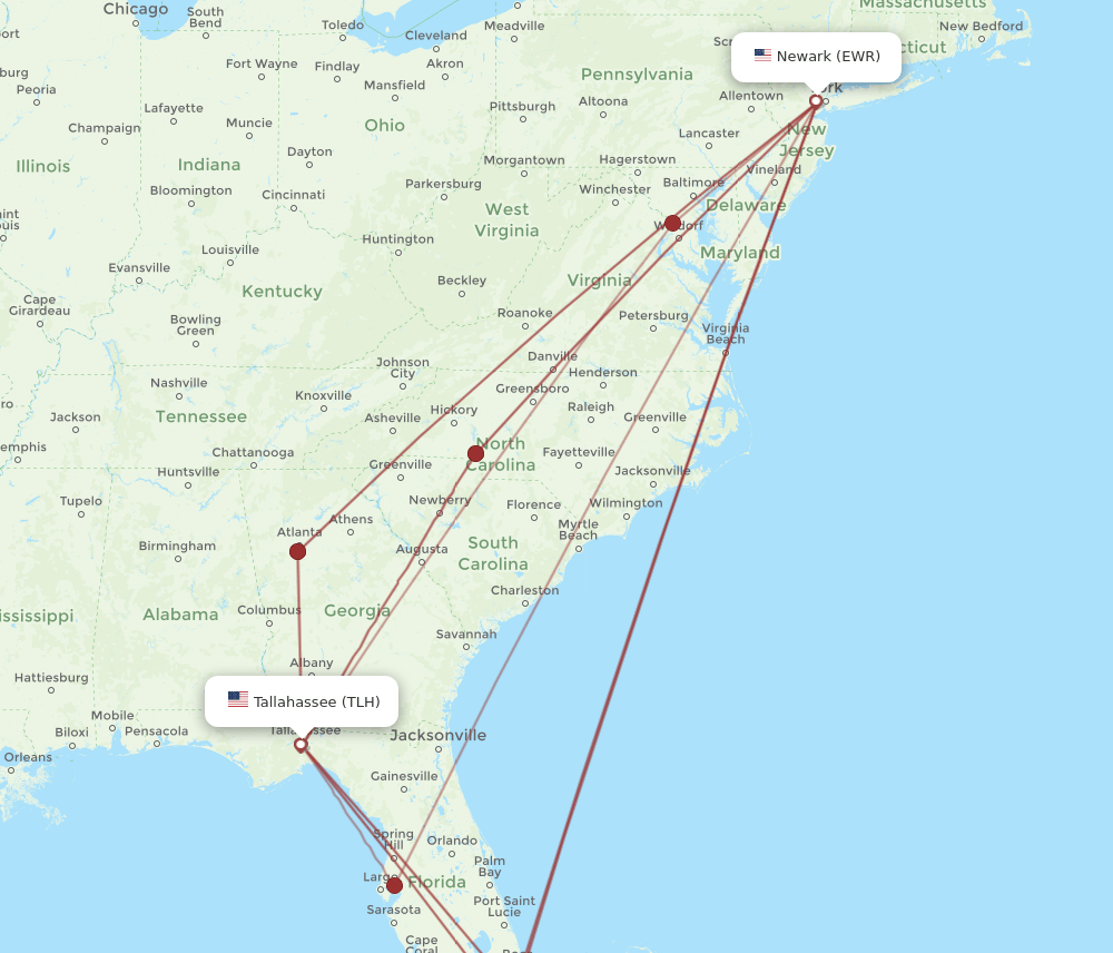 EWR to TLH flights and routes map