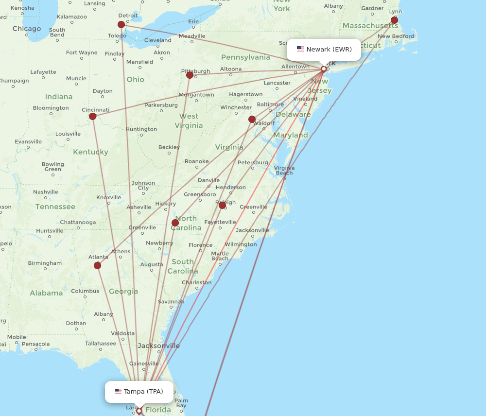 New York - Tampa route map and flight paths
