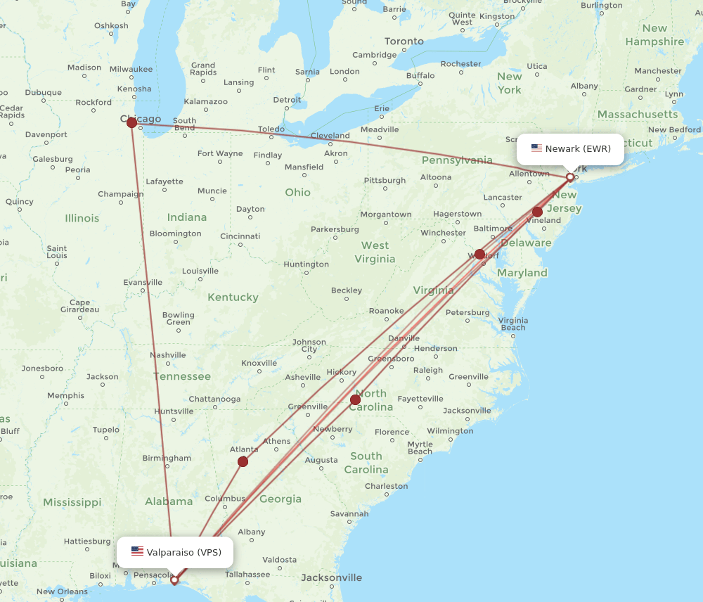 EWR to VPS flights and routes map