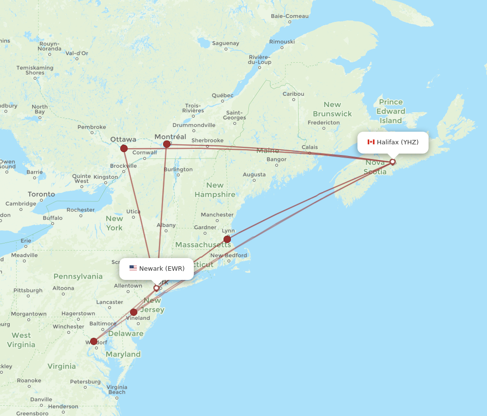 EWR to YHZ flights and routes map