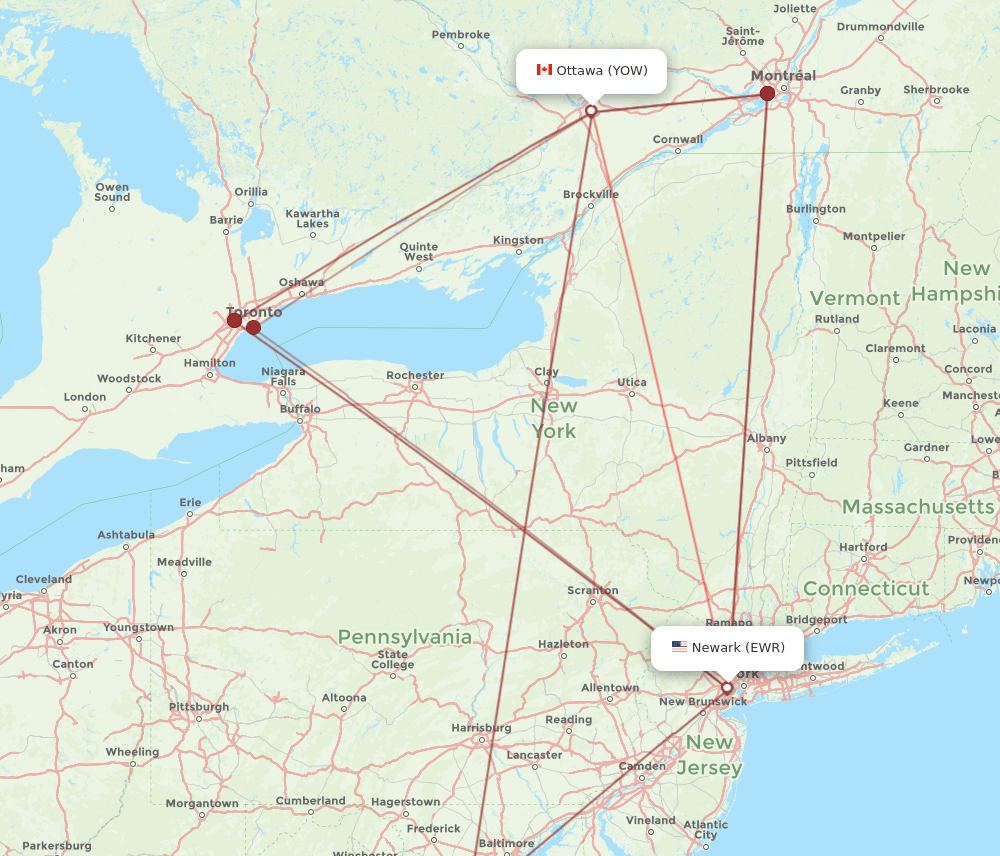 EWR to YOW flights and routes map