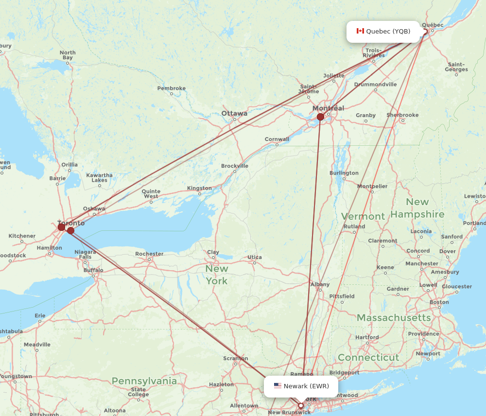 EWR to YQB flights and routes map