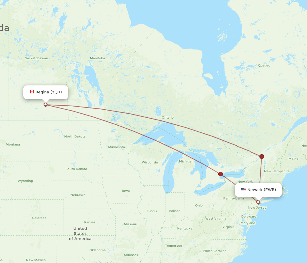 EWR to YQR flights and routes map