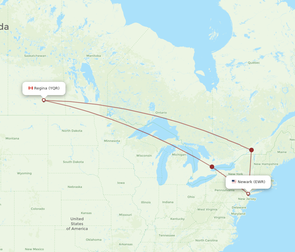 EWR to YQR flights and routes map