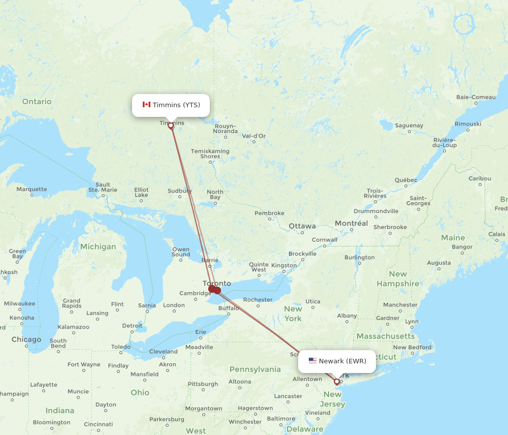 EWR to YTS flights and routes map