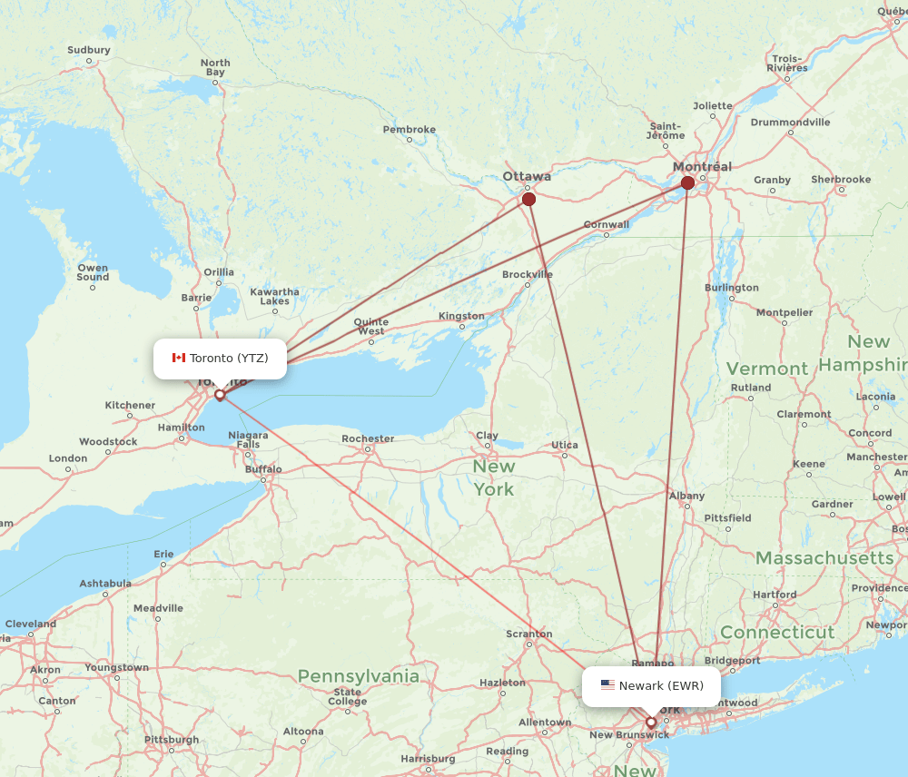 EWR to YTZ flights and routes map