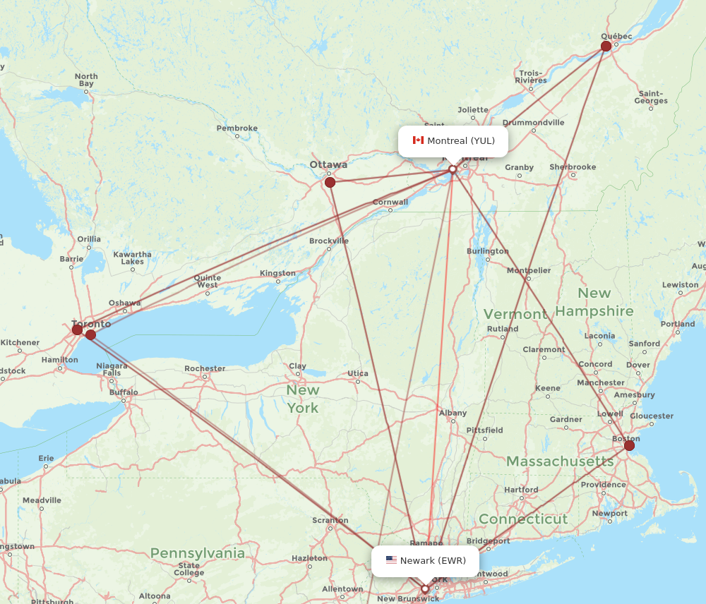 EWR to YUL flights and routes map
