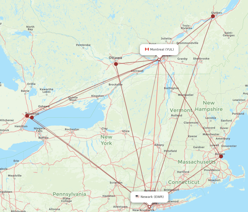 EWR-YUL flight routes