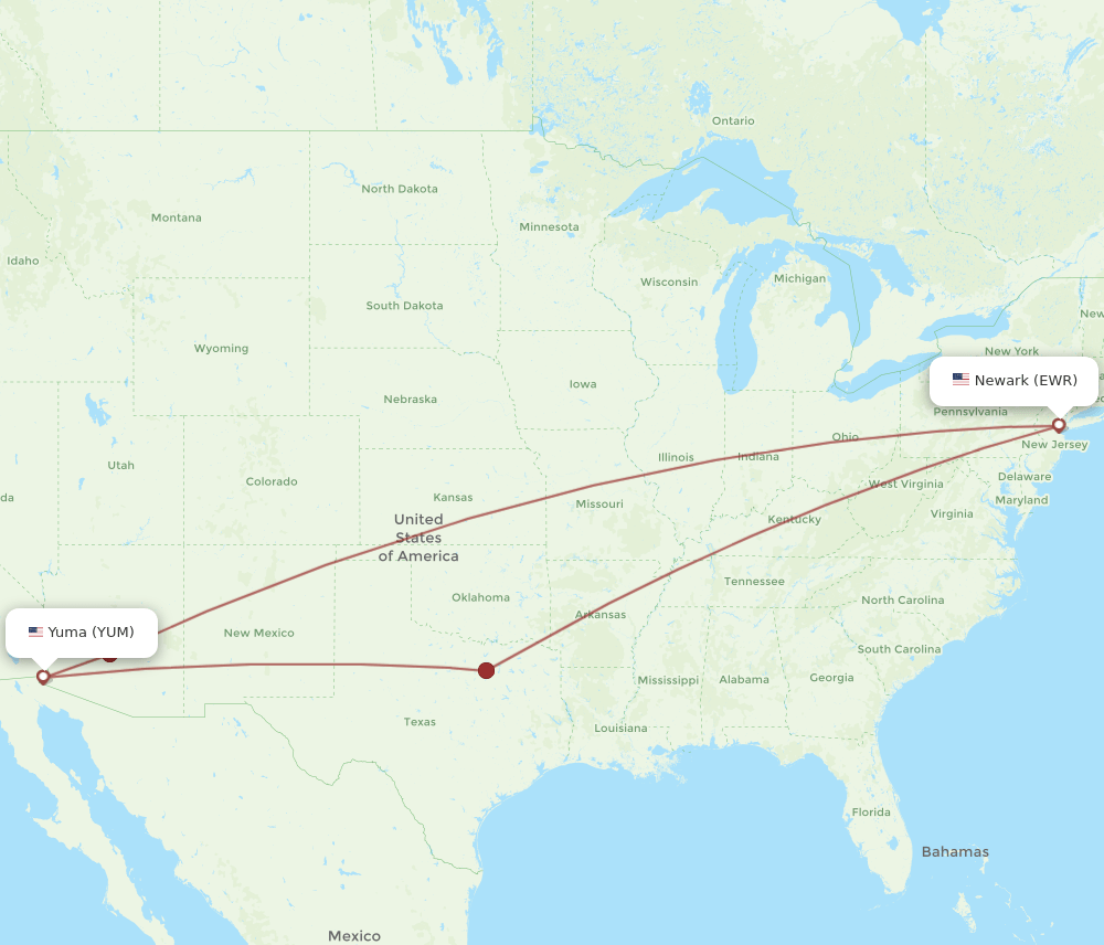Yuma - New York route map and flight paths