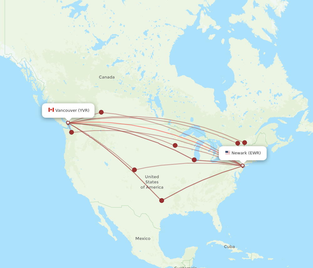 EWR to YVR flights and routes map