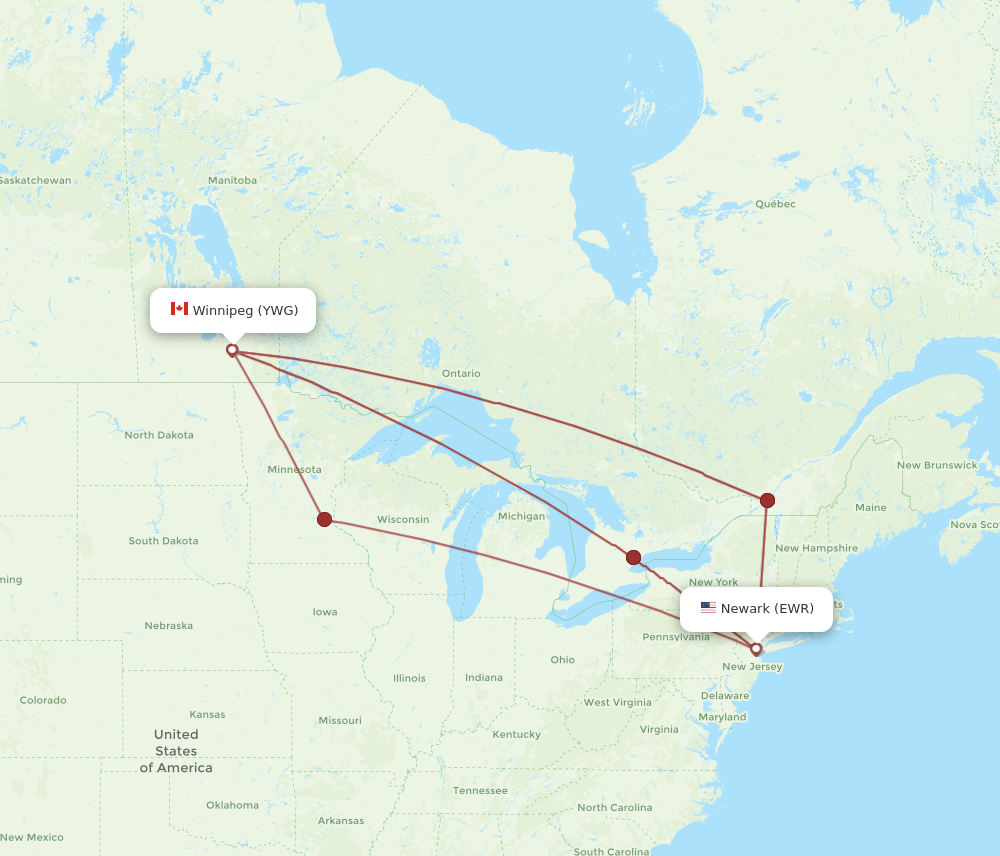 EWR to YWG flights and routes map