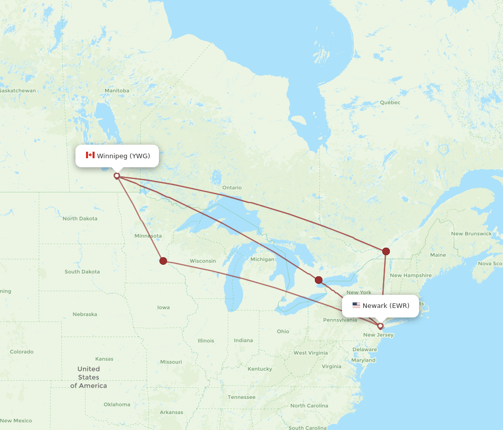 Winnipeg - New York route map and flight paths