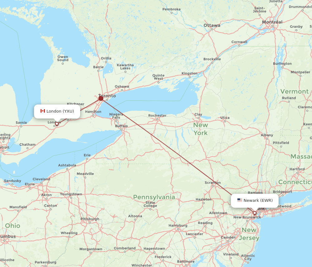EWR-YXU flight routes