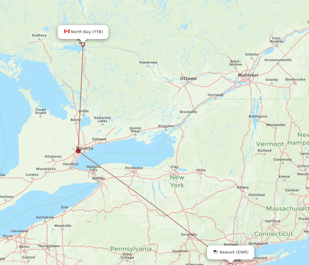 North Bay - New York route map and flight paths