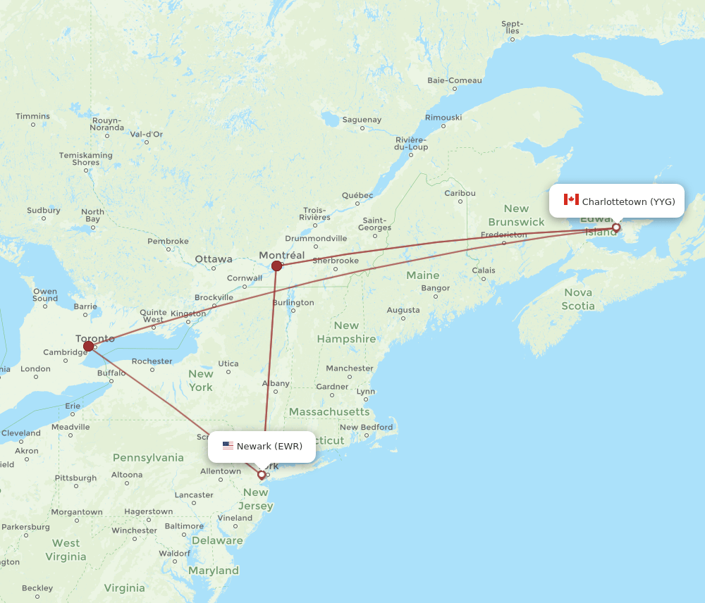 EWR-YYG flight routes