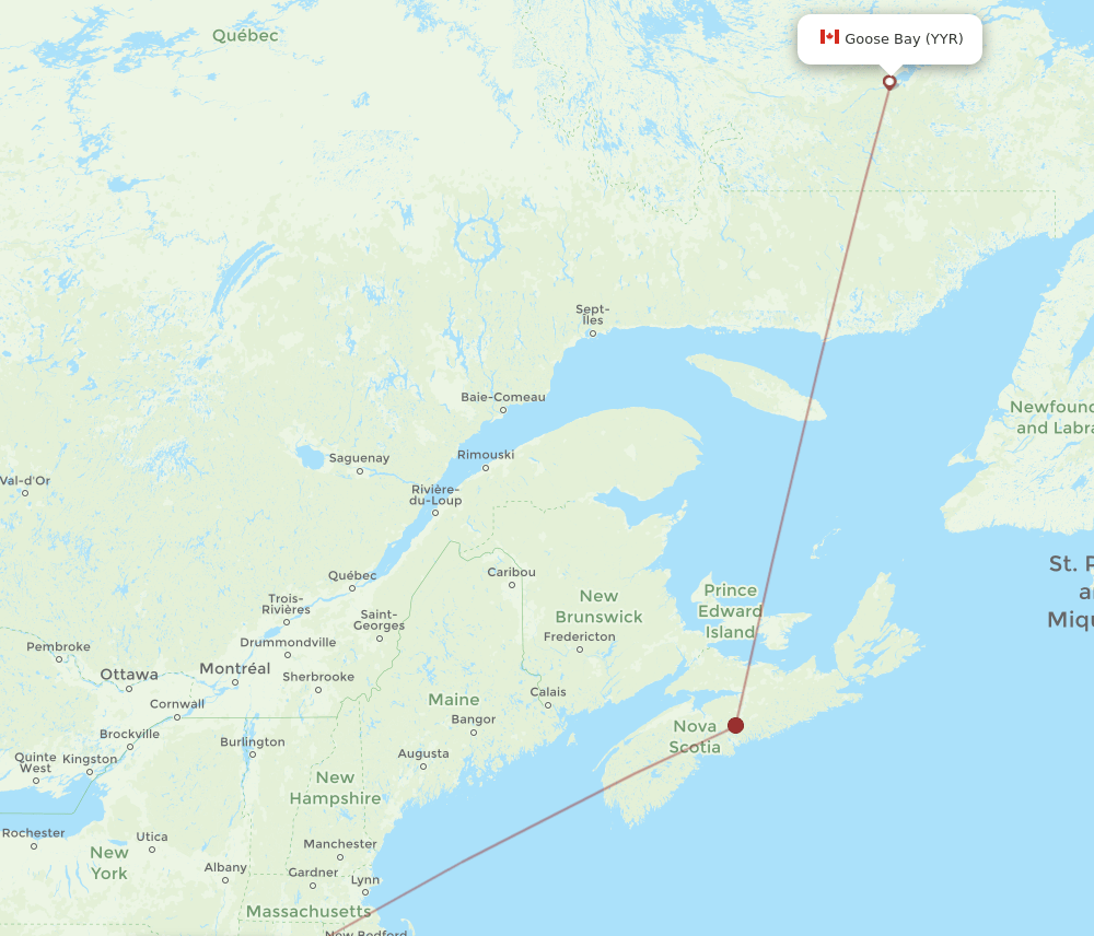 EWR to YYR flights and routes map