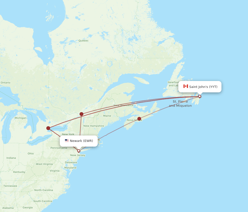 EWR to YYT flights and routes map