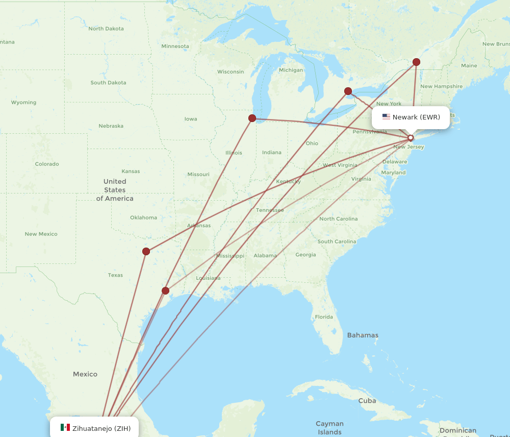 Ixtapa/Zihuatanejo - New York route map and flight paths